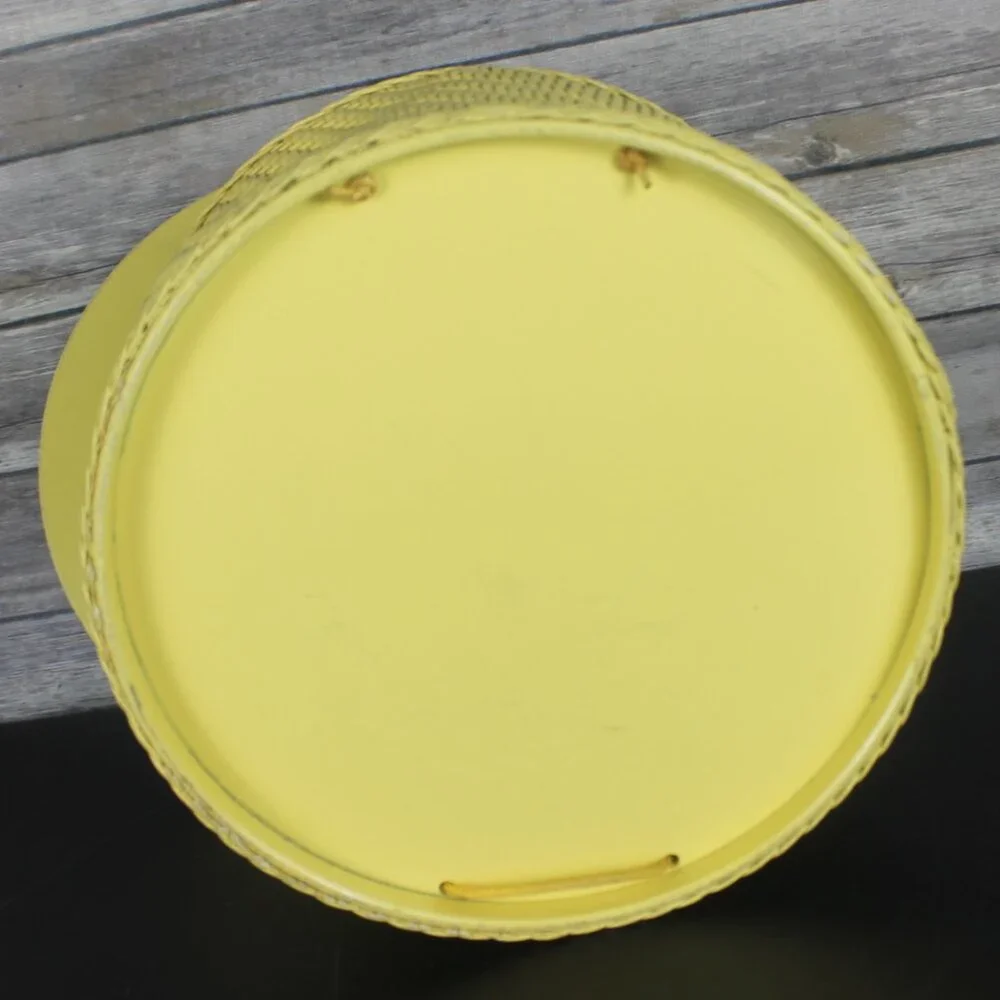 Princess Yellow Wicker & Wood Round Sewing Basket Box Vintage 1940s Applique Lid
